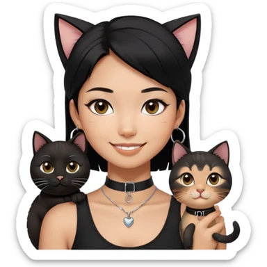 Asian girl, smiling, black hair, slightly longer than shoulder.  Holding two BLACK cats. one cat has a round fat face, the other one has a slightly slimmer face. Both pure black.  The girl also wearing a black singlet, a black chocker, silver round hook earring, and wearing eyeliner.  sticker