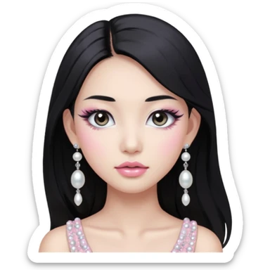 asian long black hair silver grey eyes glossy lips glittery white and light pink eyeshadow girl pearl earrings sticker