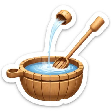 Ladle pouring water onto sauna rocks with steam sticker