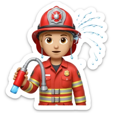 A 3D Apple-style emoji character dressed as a firefighter in a bright red uniform and helmet, holding a fire hose spraying water forward, determined expression with cartoonish eyes, water splashing effect, clean minimal background sticker