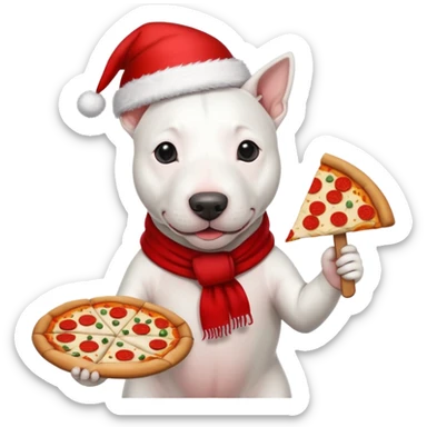 White bull terrier with a Christmas Hat, and a red scarf holding a pizza  sticker