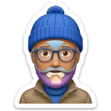 Create a figure that reflects an experienced entrepenurr but who has professional and elegant clothing, blue winter cap, grey glasses, brown eyes and an unkempt beard  sticker