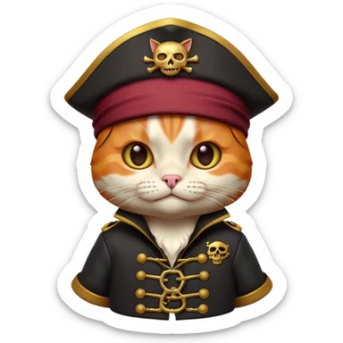 Premium 3D emoji icon of a cute ginger cat pirate, wearing a **burgundy red** pirate hat with a gold skull icon, and a black and gold captain's jacket. Glossy finish, claymorphism style, soft studio lighting, isolated on white background, 8k resolution, stylized professional look --v 6.0 sticker
