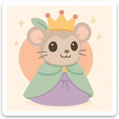 a peach with a rat queen's face, wearing royal attire, playful and charming, soft pastel colors sticker