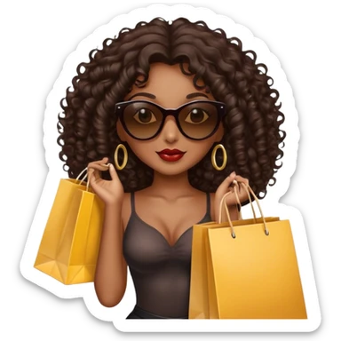 Rich dark brown girl with dark brown mid-length curly hair expensive retail shopping bags and sunglasses sticker