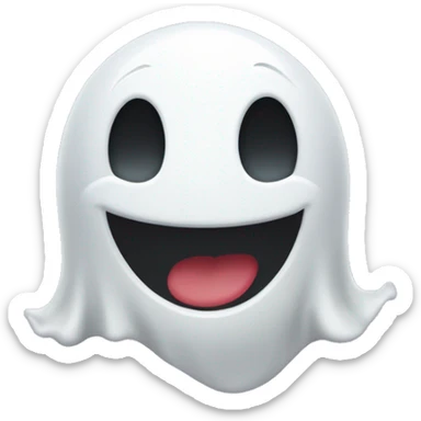 ghost with a round white body, raised arms, and one eye winking. The ghost should have the same playful expression but with a different mouth—give it a big, happy open smile instead of a tongue sticking out. Keep the design simple and cute sticker
