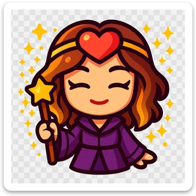 Transform this person into a cute chibi-style sorceress emoji with a heart-shaped headband and sparkly magical aura. Vibrant colors sticker