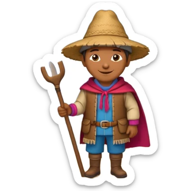 3D emoji style illustration of a Peruvian Andean farmer, wearing traditional chullo hat and poncho, holding a hoe, smiling, mountains in background, bright natural colors, bold outlines, glossy sticker style, transparent background sticker