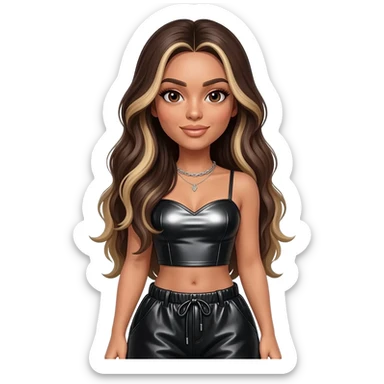 Ciara with brown eyes, long dark brown hair with blonde highlights, black metallic sweetheart crop top, black metallic baggy pants, silver necklace sticker