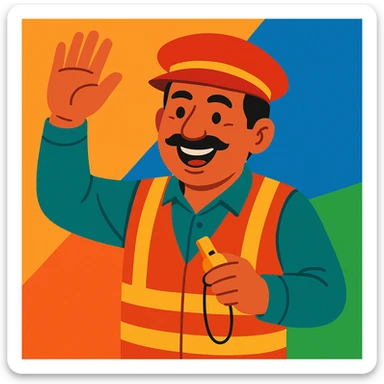 Pakistani bus conductor waving hand, wearing cap and vest, cheerful expression, holding whistle, colorful style, South Asian features, minimal background sticker