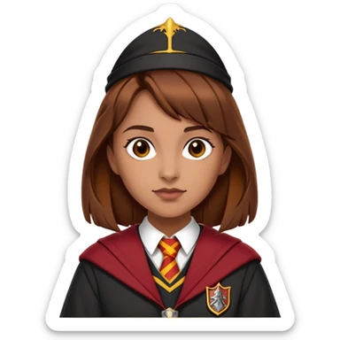 Georgina Leonidas is Katie Bell in harry potter, wear hogwarts gryfindor uniform, brown hair sticker