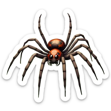 Huge spider sitting on grass with flowers, surrounded by a lush meadow. Detailed eight legs and body, with soft natural lighting enhancing its texture. Calm, serene background with vibrant greenery and a clear sky. Transparent background. sticker