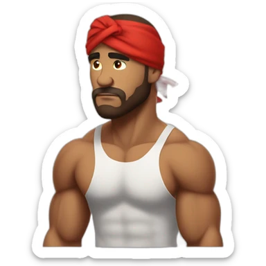 muscular man in red bandana standing sideways turns his head to face the viewer,his hand is bent in the elbow,torso sticker