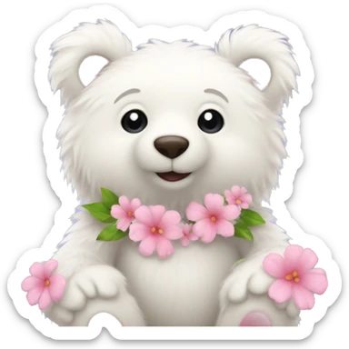 fluffy baby white bear with pink hearts and flowers sticker