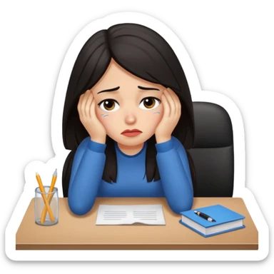  iOS emoji style - An sad and overwhelmed woman sitting at a desk. She has dark hair. sticker