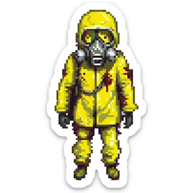 a zombie from the game DAYZ wearing a yellow hazmat suit with a black gasmask sticker