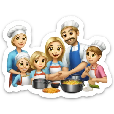 Russian family of 7 members cooking together at kitchen sticker