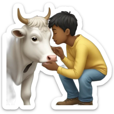 A boy kisses a cow sticker