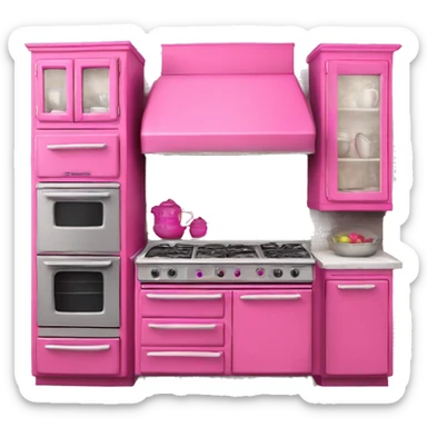 Isolated full length Realistic hot pink vintage retro kitchen range with cabinets and counters sticker