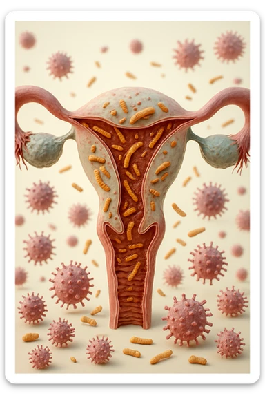 utero umano realistico con batteri della candida intorno, la foto si deve vedere per intero in formato verticale, sullo sfondo neutro chiaro ci sono batteri della candida, iperrealistico 4k sticker