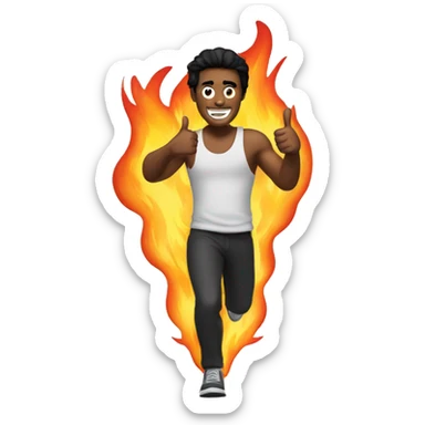 a man running with black hair and his thumbs up with fire behind him sticker