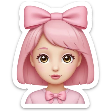 Cute coquette emoji, round face, big sparkling eyes, soft blush on cheeks, small pink bow on top of the head, pastel colors, simple vector style, transparent background


 sticker