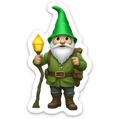 Garden gnome stand with a stick and a latern wearing a green hat sticker