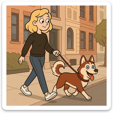 Cute Blonde woman wearing a black sweater and jeans and white sneakers walking a happy red-brown blue-eyed Siberian husky in New York City on an upper east side city sidewalk  sticker