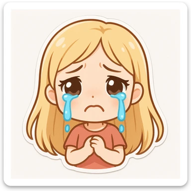 cute animated young girl with long blonde hair, fair skin, large sad eyes, cartoon blue tears streaming down her face, deeply upset, crying, frowning mouth, plain white background sticker
