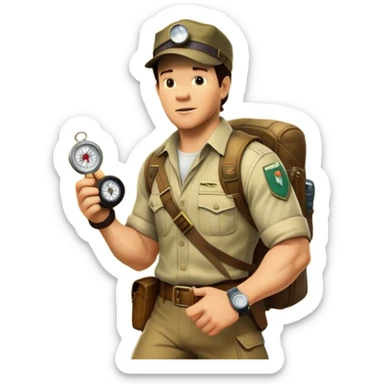 A vintage movie poster-style collage. Include action-packed elements like a treasure map, jungle scenes, a rugged explorer with a compass and a speeding jeep. Add a shadowy figure resembling close-up Mark Wahlberg in adventurous gear. Jungle background. Transparent background. sticker