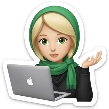 blond women skine , with green eyes , with scarf hijab , heid the hair, with macbook sticker