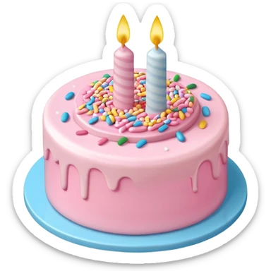 Draw a birthday cake with pink cream and topping on the top side using an isometric camera with a High-Angle Shot. sticker