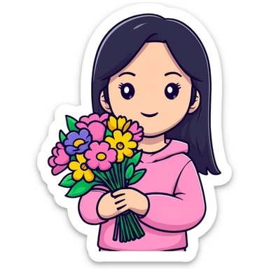 Beautiful girl with long straight black hair, fair skin, wearing pink clothes, holding a bouquet of colorful flowers sticker