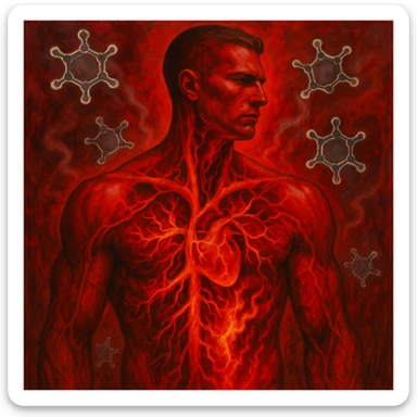 surreal anatomical view of a human body strong on the outside, but inside arteries with flows of oxidized omega-6 fatty acids like fire or acid causing inflammation; hexane molecules floating like ghosts; bright red tones to emphasize inflammation sticker
