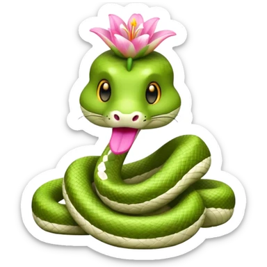 A cute, kind, furry snake doll
with a light green and white body
with a pink lily flower on its head
(no stinger in its mouth) sticker