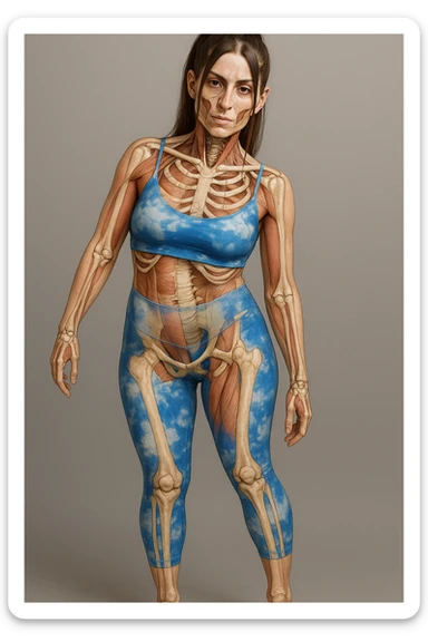 Donna in abbigliamento sportivo, postura asimmetrica, stile medico realistico, muscoli e ossa visibili, evidenzia la compressione delle coste sul lato corto, sfondo neutro, formato verticale. sticker