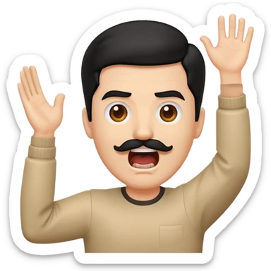 A screaming white emoji man with sideswept black hair, a rectangular mustache, lifting up his right arm with an open palm sticker