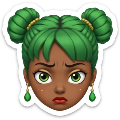 Create a 3D cartoon-style girl character with dark skin, round face, angry expression, big wide eyes, and tightly styled double buns made of green beaded hair. The girl should look irritated, eyebrows sharply angled, and lips pressed in a frown. sticker
