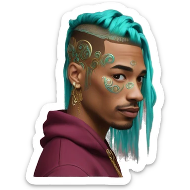 Vintage patina intricate swirls gold jewellery baroque golden sparkle tropical Deep pink maroon burgundy cyan dark hoodie man vitiligo dyed hair gold piercings nose piercing ear piercings sticker