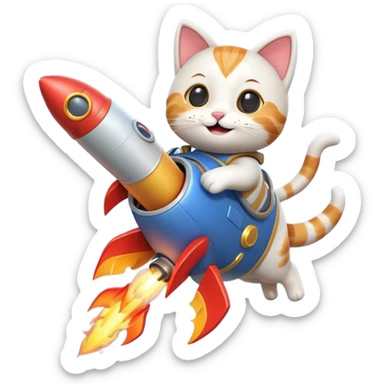 cute cat flying with a rocket pack on its back, rocket flames, happy face, 3D cartoon, mobile game icon style, clean background, no text, no watermark
 sticker