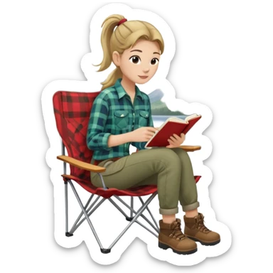 A pony tail hair woman journaling on a camping chair, enjoying the quiet nature scene. sticker