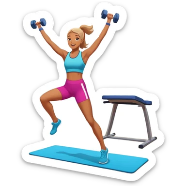 An energetic person performing an aerobics workout in a brightly lit gym, jumping and stretching with enthusiasm. The scene includes vibrant fitness equipment like dumbbells and exercise mats, with a background of cheerful, motivating colors, conveying energy and movement. sticker