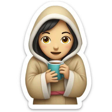 Asian girl wrapped in cozy blanket drinking coffee sticker
