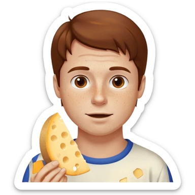 Man with brown hair and white skin with freckles, eating cheese sticker