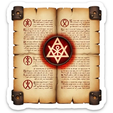 Ancient scripture page burned at the edges, cursed runes glowing faint red sticker