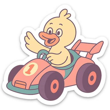 cartoon duck driving a race car in pastel toon style sticker