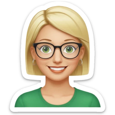 femme 40 ans lunettes carrécheveux très courts blonde anneaux oreilles yeux verts sticker