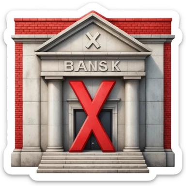 bank building with a single large red X over it sticker