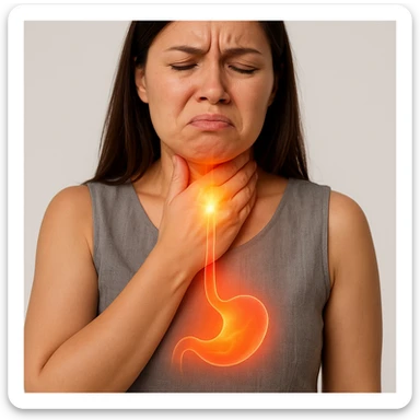 Realistic medical style image of a woman identical to the reference photo, hand on throat, expression of burning sensation, with a glowing or shining effect rising from the stomach to the esophagus. sticker