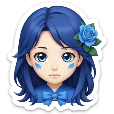 cute anime girl emoji, long dark hair, blue rose hair accessory, big blue anime eyes, chibi anime style sticker